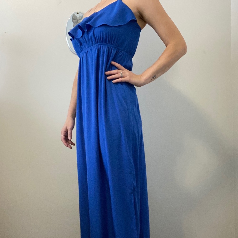 Slitted, formal, electric blue, maxi dress.
